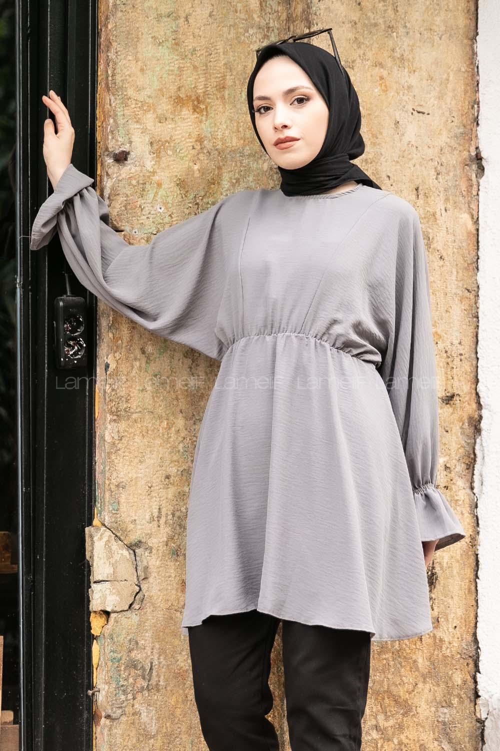 Modalamelif Balon Kol Ayrobin Tunik Gri