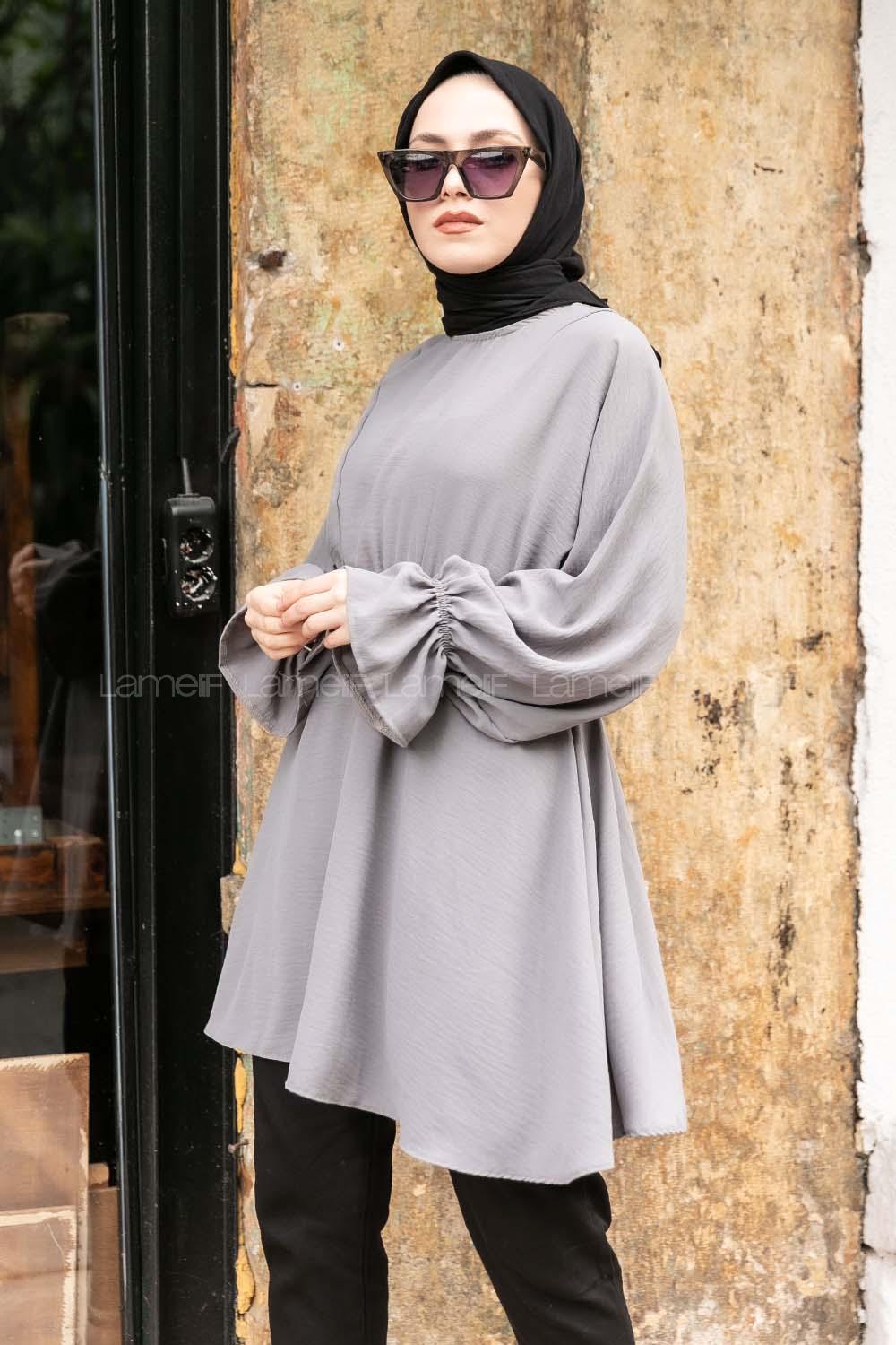 Modalamelif Balon Kol Ayrobin Tunik Gri