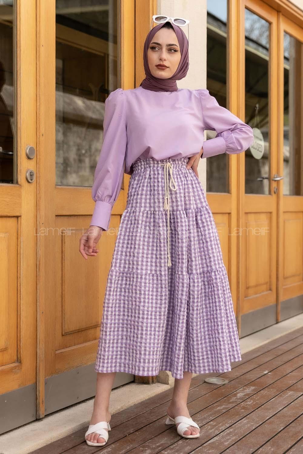 Modalamelif Bel Lastikli Balon Kol Bluz Lila