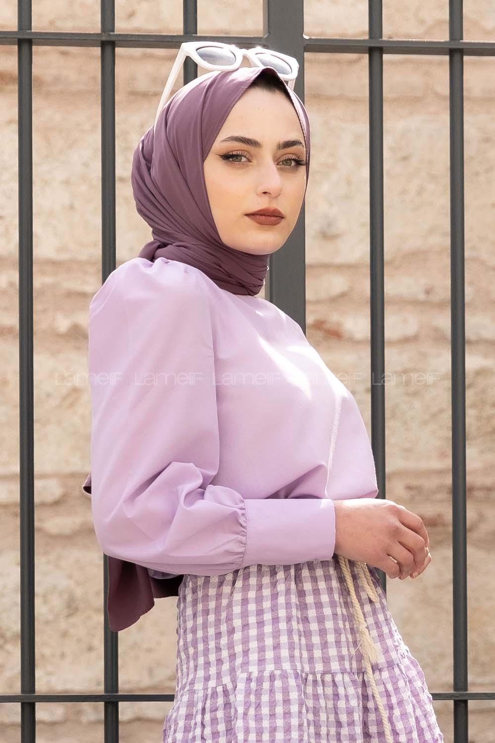 Modalamelif Bel Lastikli Balon Kol Bluz Lila