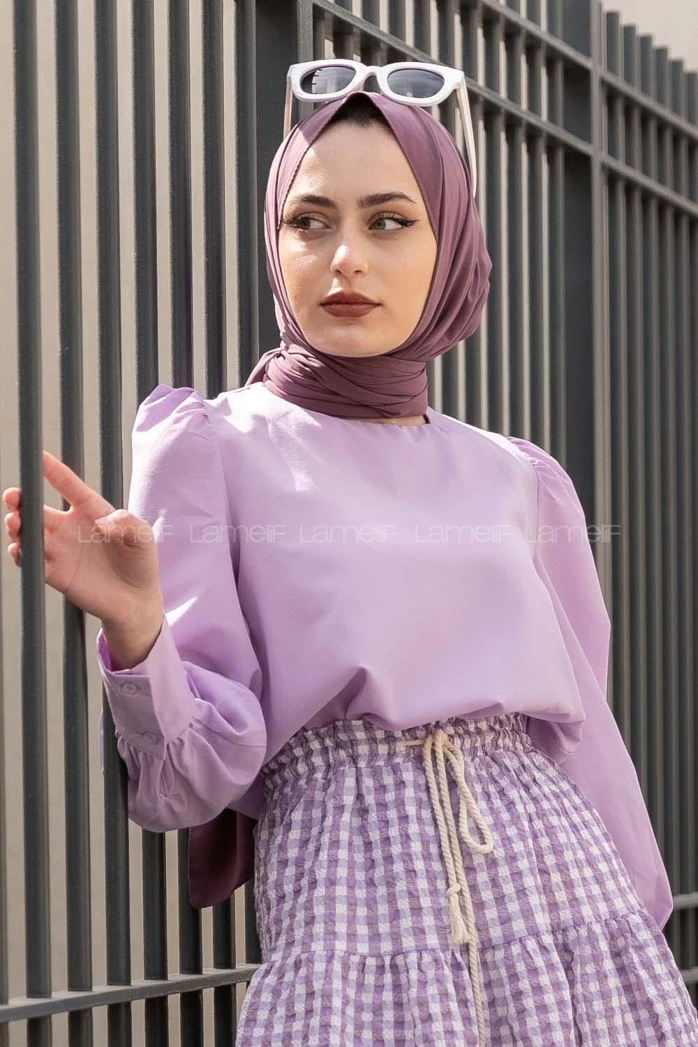 Modalamelif Bel Lastikli Balon Kol Bluz Lila