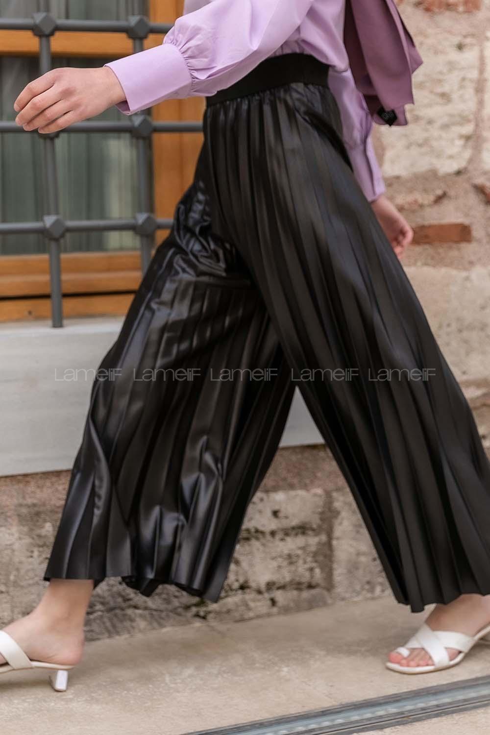 Modalamelif Bel Lastikli Pileli Deri Görünümlü Pantolon Siyah