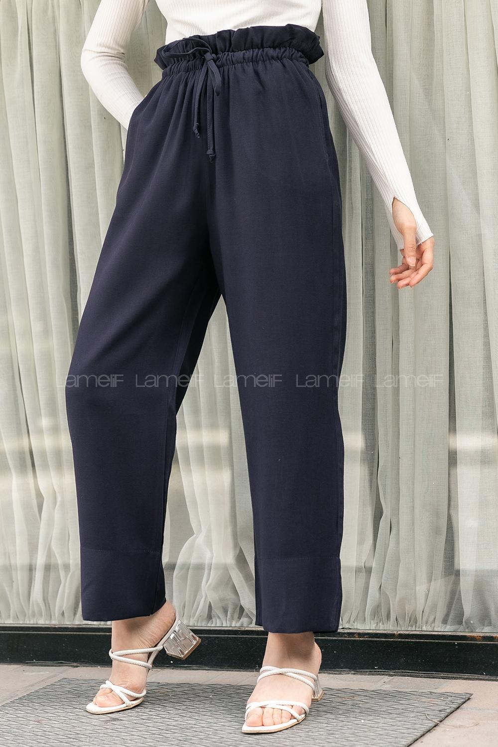 Modalamelif Beli Fırfırlı Bol Paça Pantolon Lacivert