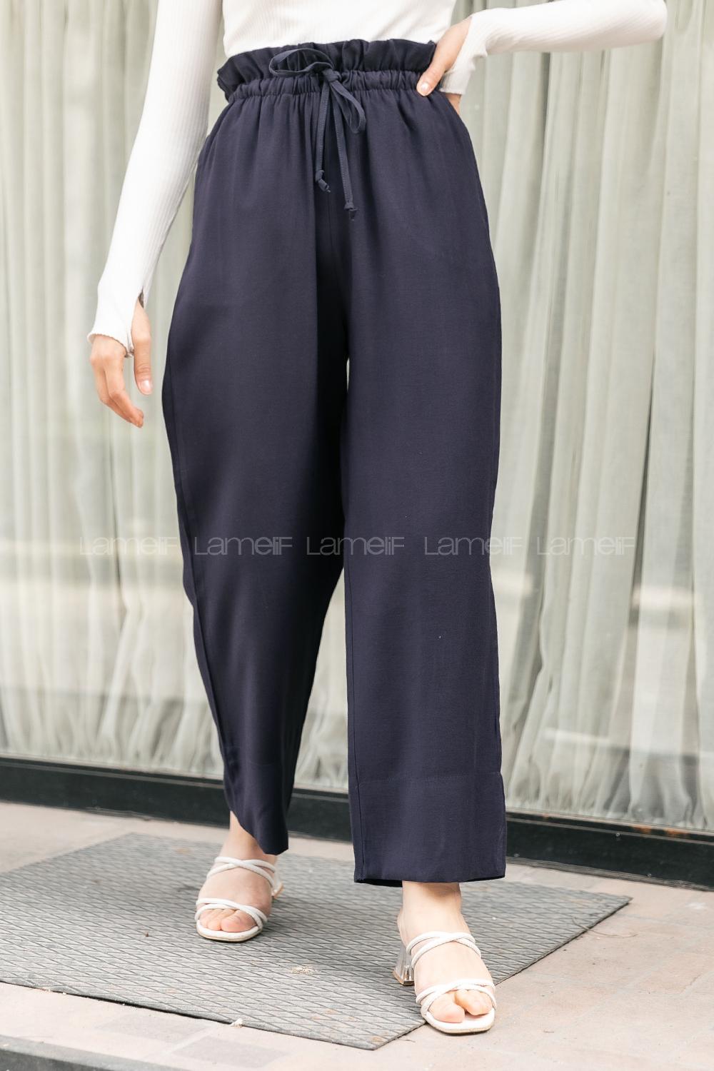 Modalamelif Beli Fırfırlı Bol Paça Pantolon Lacivert