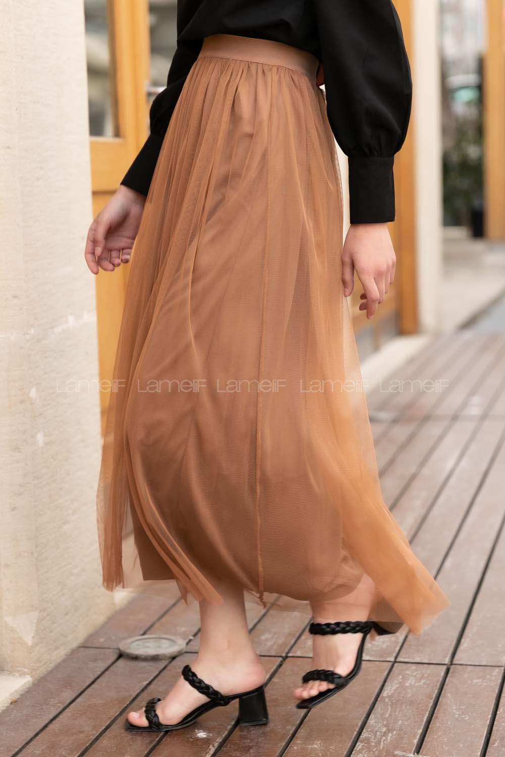 Modalamelif Beli Lastikli Tül Etek Camel