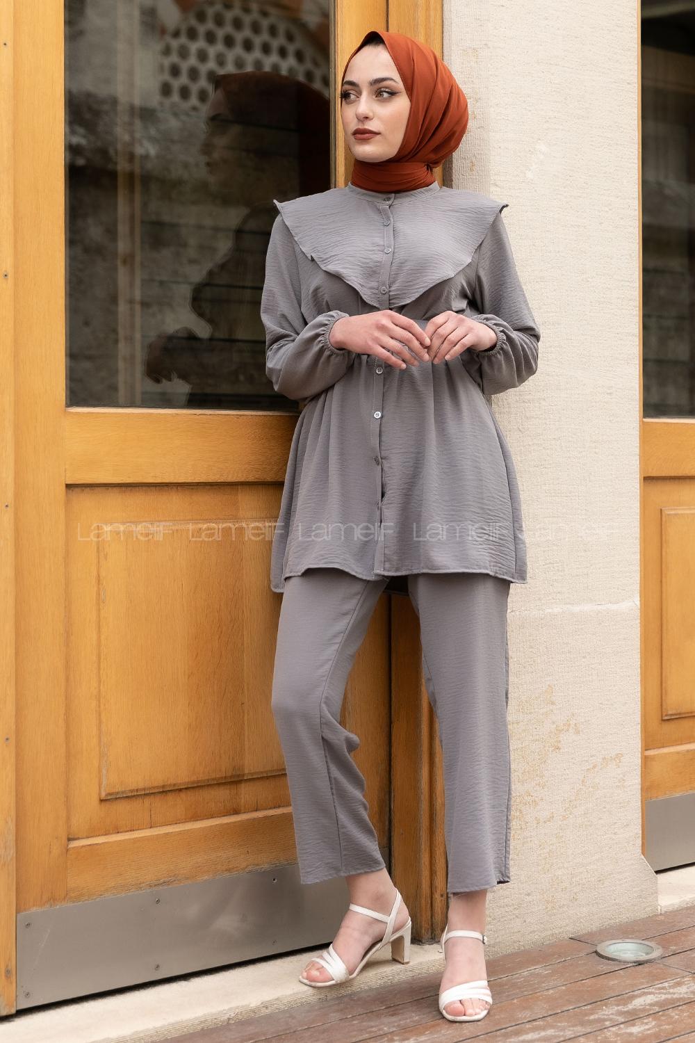 Modalamelif Kemerli Gömlek İkili Takım Gri
