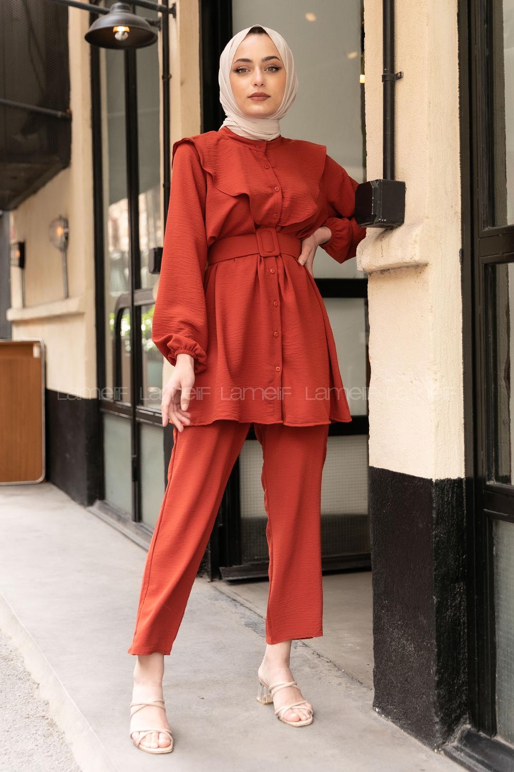 Modalamelif Kemerli Gömlek İkili Takım Kiremit