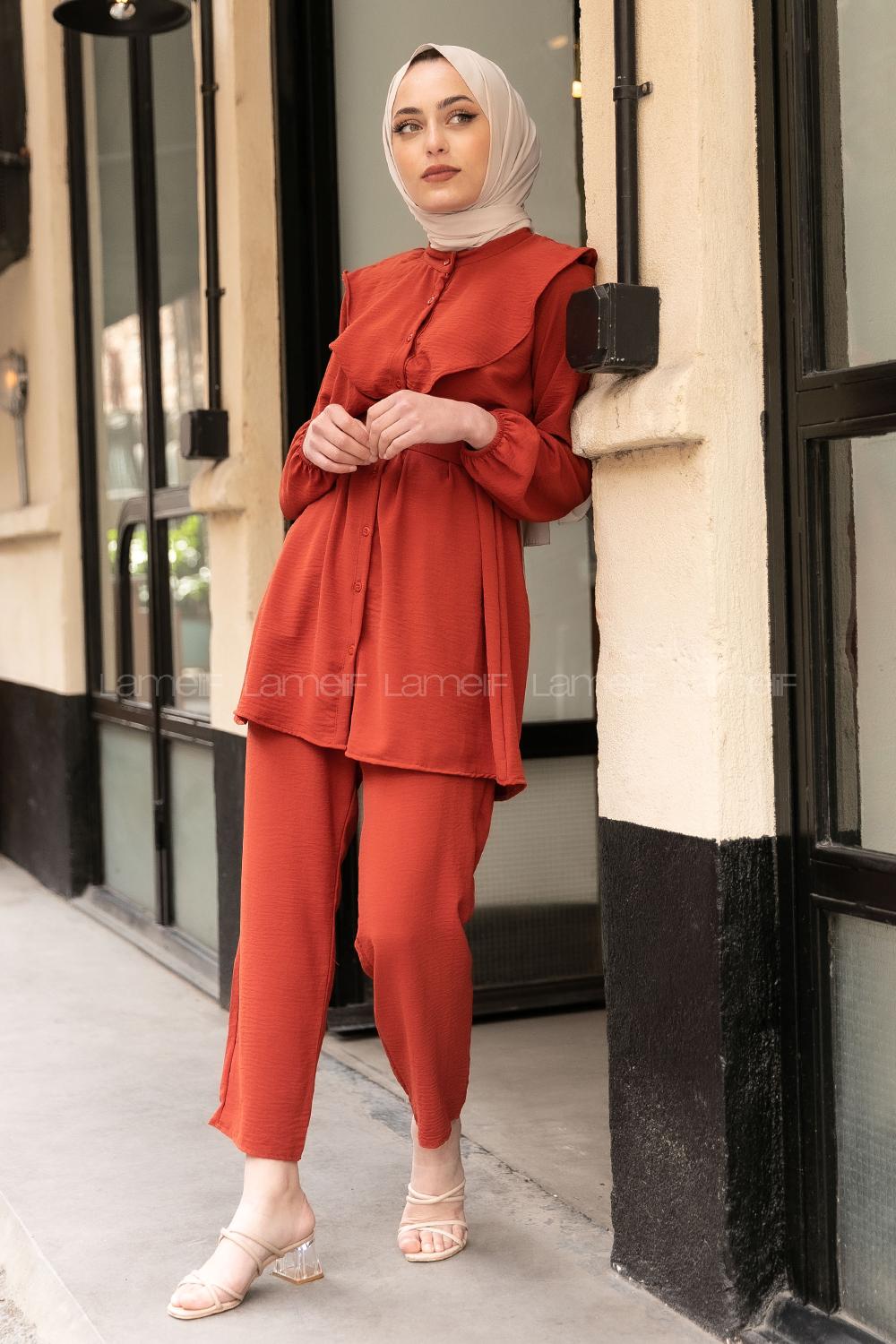 Modalamelif Kemerli Gömlek İkili Takım Kiremit