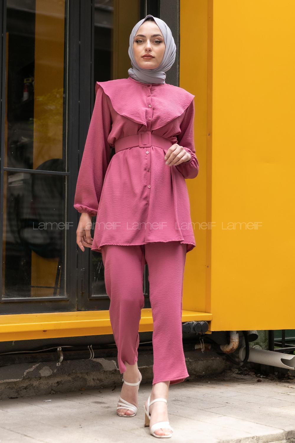 Modalamelif Kemerli Gömlek İkili Takım Lila