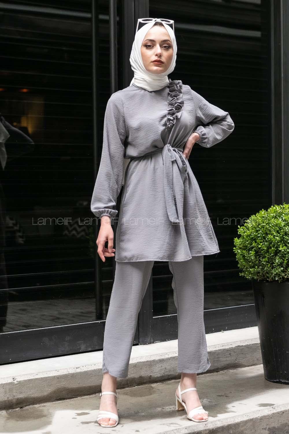 Modalamelif Omuz Fırfırlı İkili Takım Gri