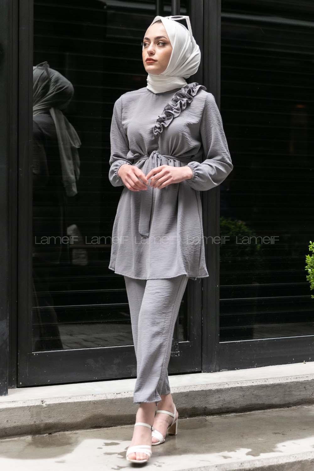 Modalamelif Omuz Fırfırlı İkili Takım Gri