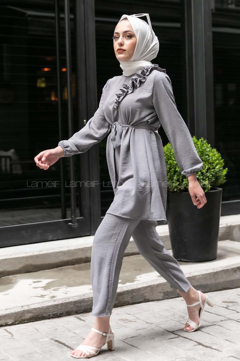 Modalamelif Omuz Fırfırlı İkili Takım Gri