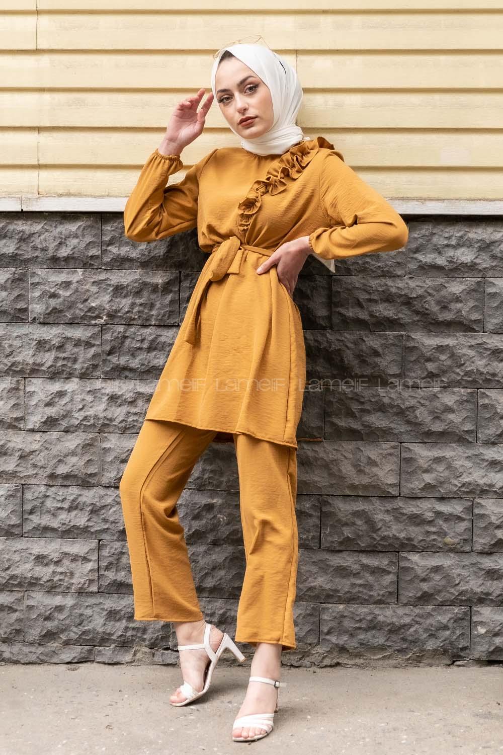 Modalamelif Omuz Fırfırlı İkili Takım Hardal Sarısı