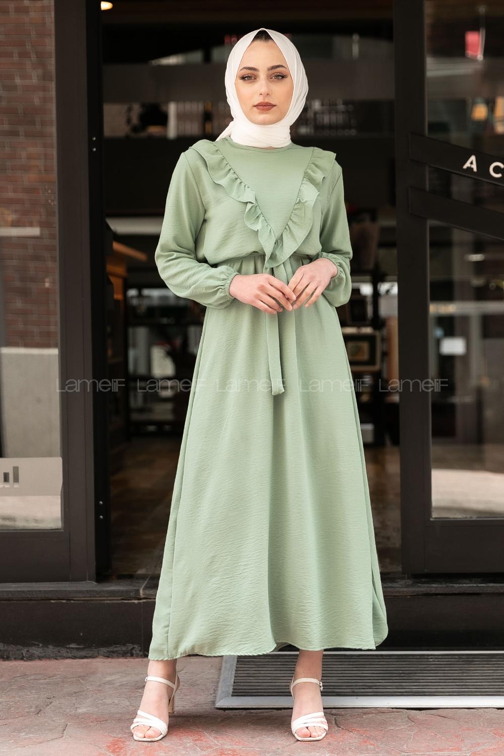 Modalamelif Önü Fırfırlı Kuşaklı Elbise Çağla