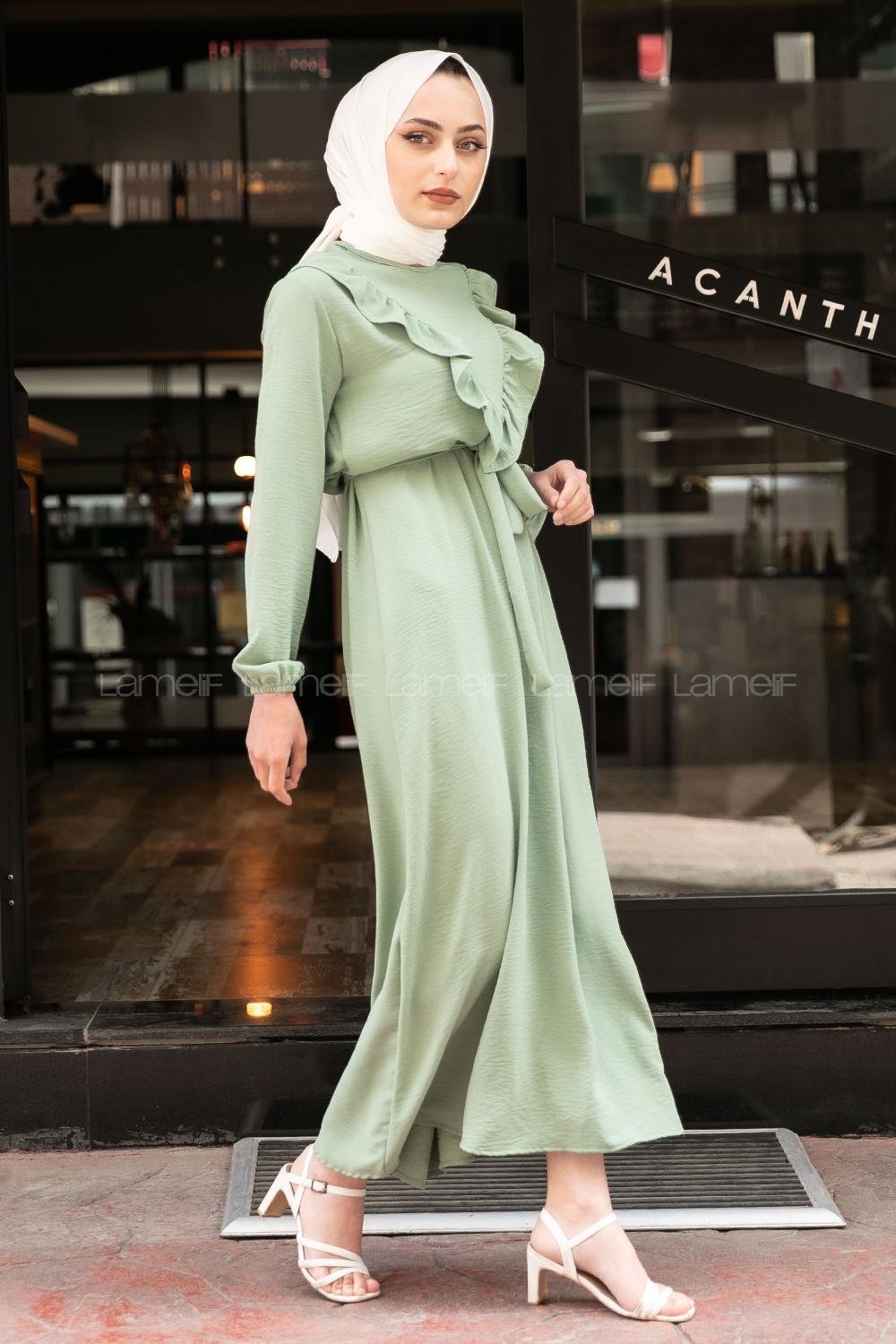 Modalamelif Önü Fırfırlı Kuşaklı Elbise Çağla