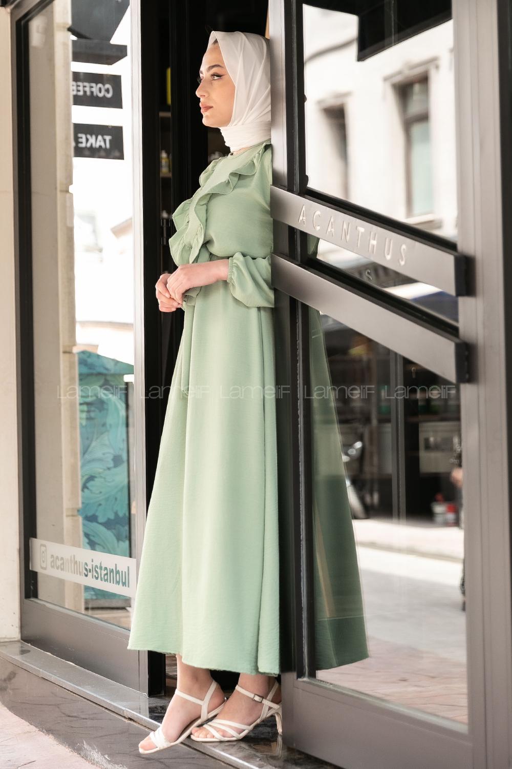 Modalamelif Önü Fırfırlı Kuşaklı Elbise Çağla