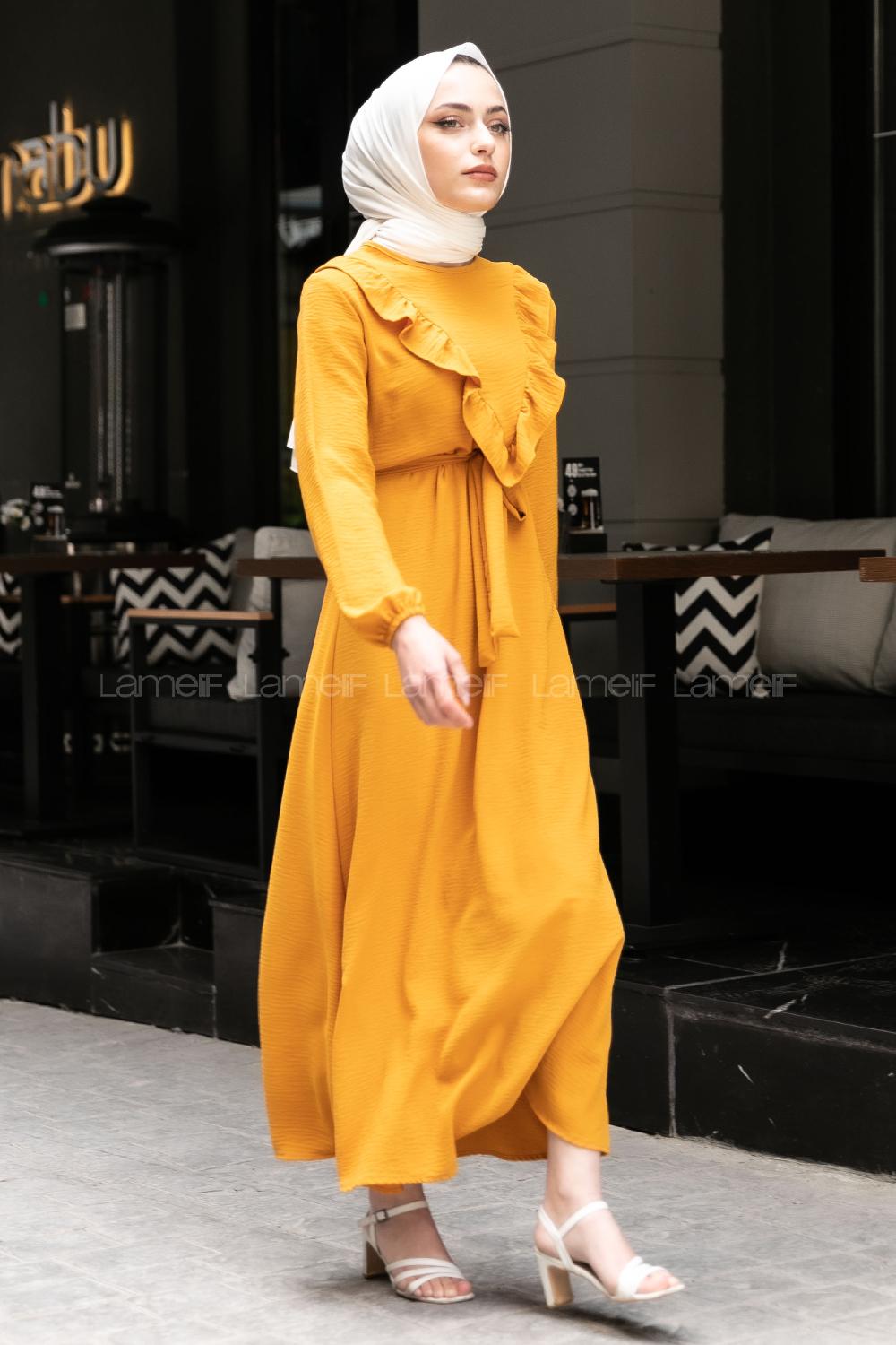 Modalamelif Önü Fırfırlı Kuşaklı Elbise Hardal Sarısı
