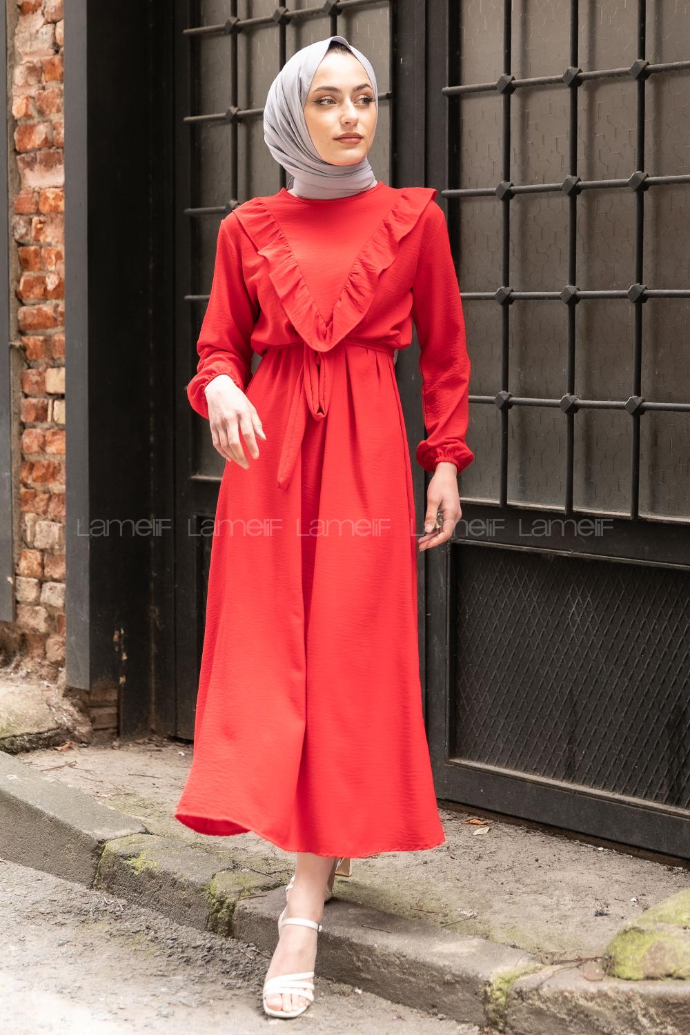 Modalamelif Önü Fırfırlı Kuşaklı Elbise Kırmızı