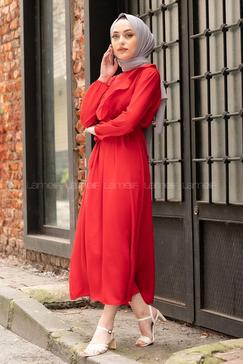 Modalamelif Önü Fırfırlı Kuşaklı Elbise Kırmızı