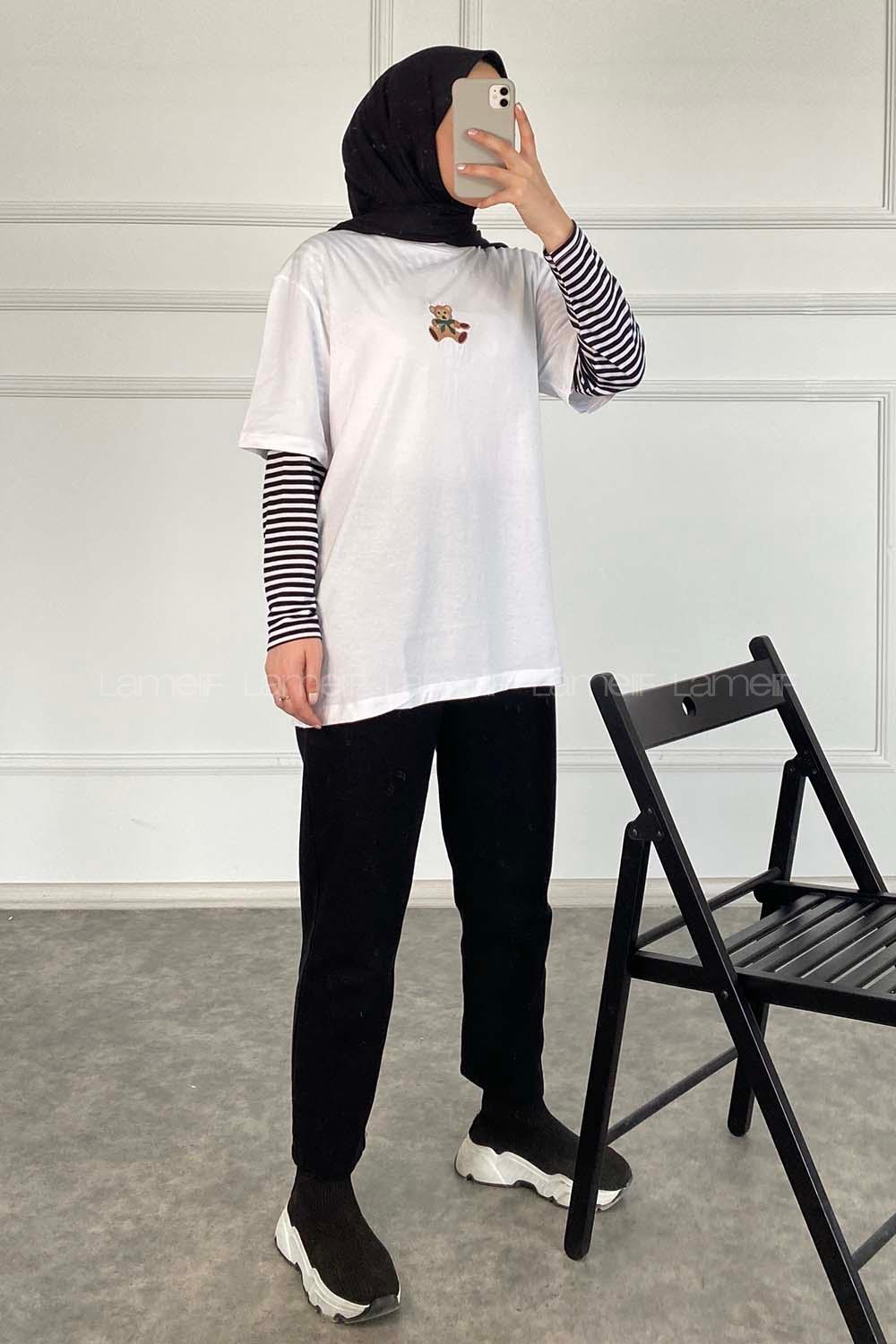 Modalamelif Ayıcık Baskılı Oversize T-Shirt Beyaz
