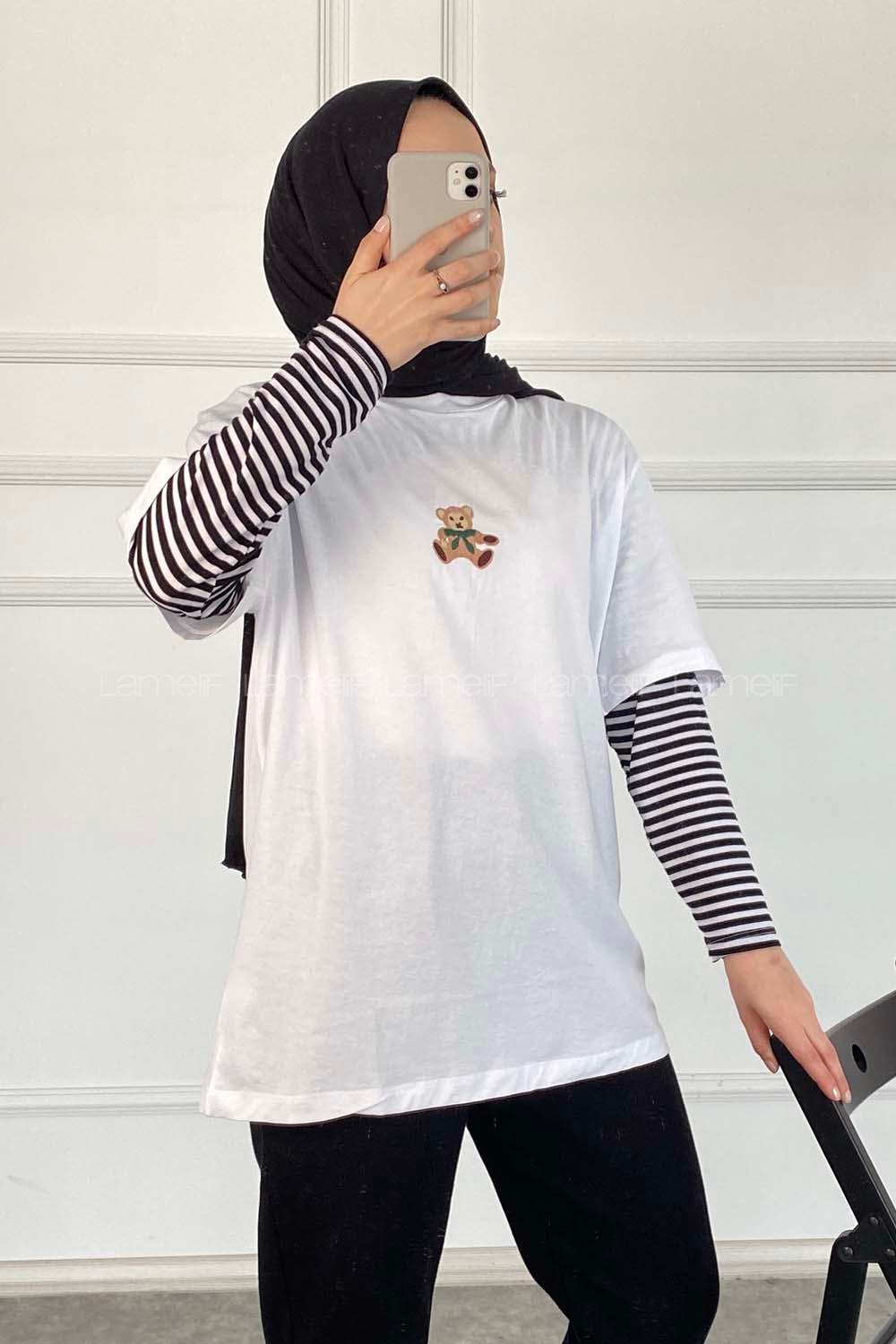 Modalamelif Ayıcık Baskılı Oversize T-Shirt Beyaz