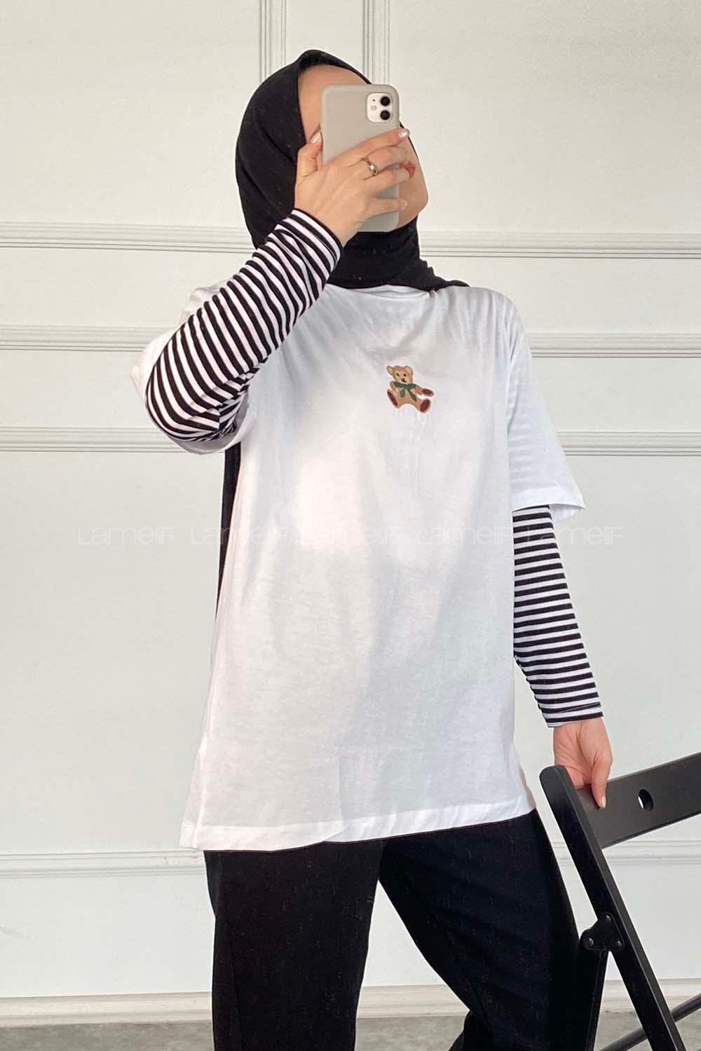 Modalamelif Ayıcık Baskılı Oversize T-Shirt Beyaz