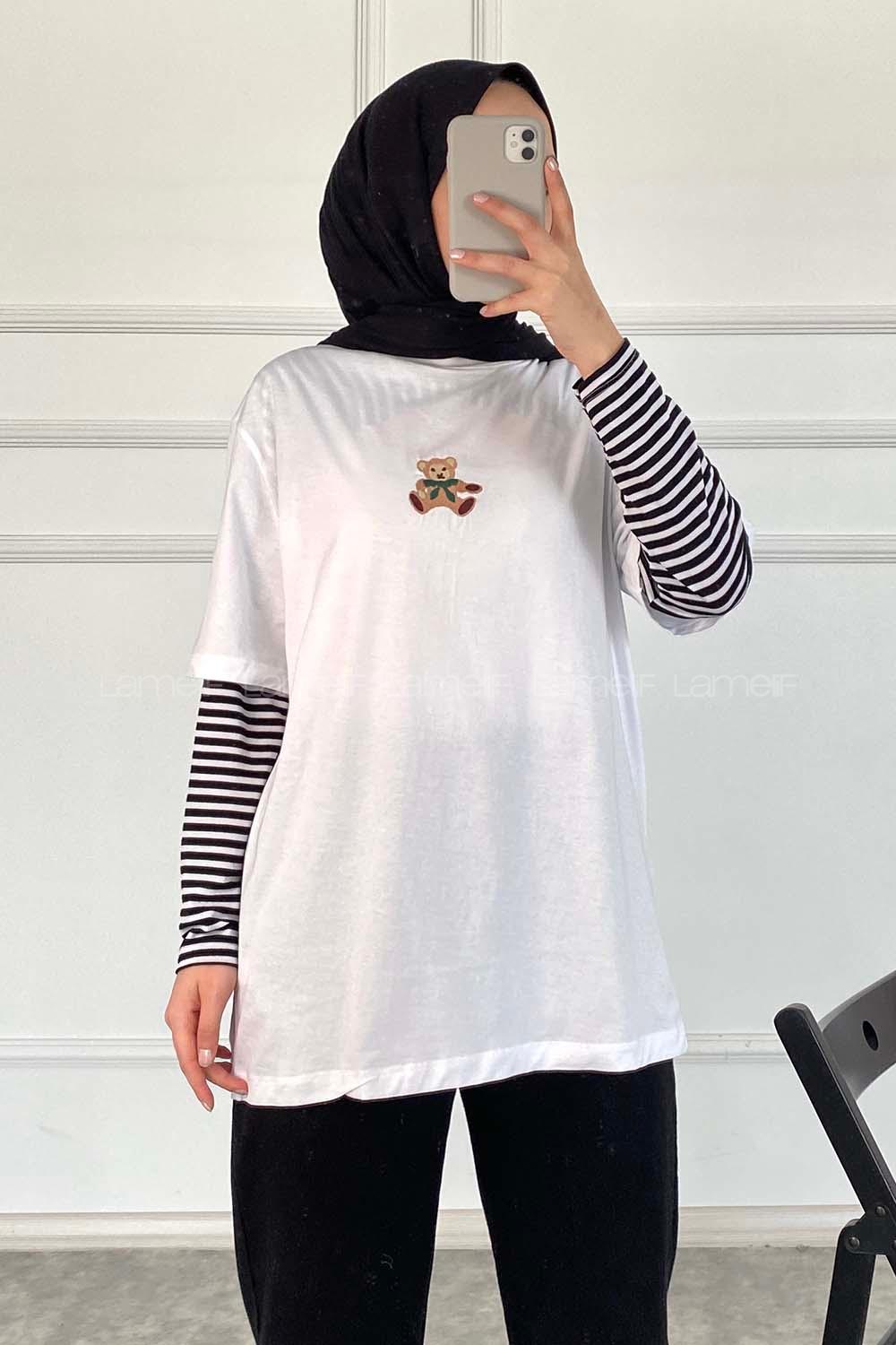 Modalamelif Ayıcık Baskılı Oversize T-Shirt Beyaz