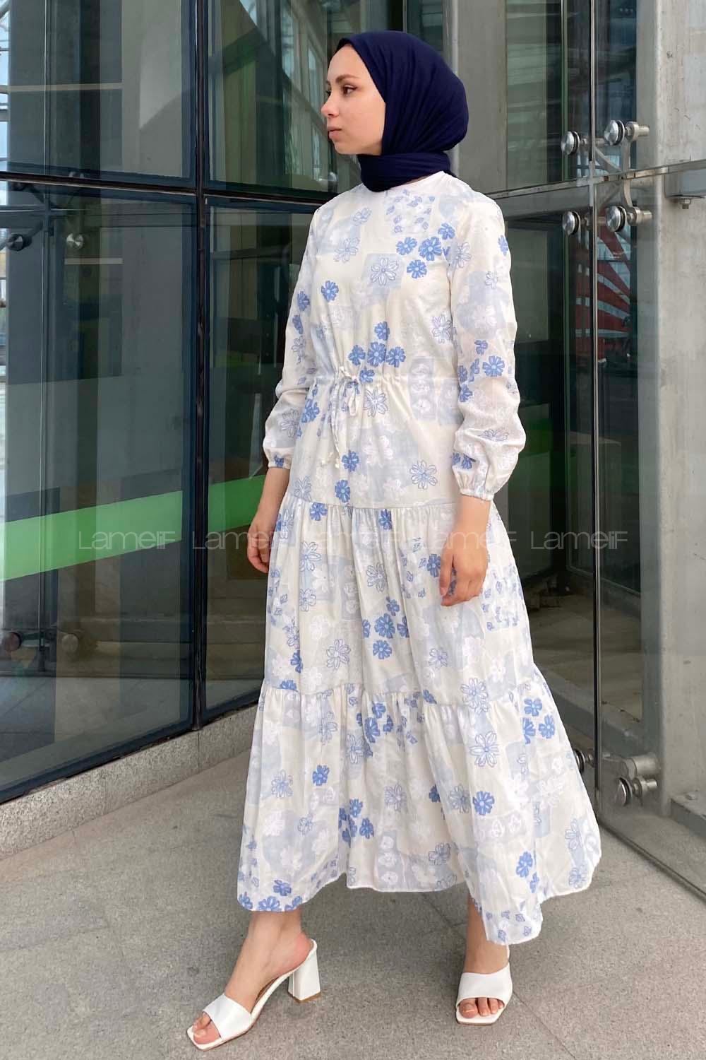 Modalamelif Beli Bağcıklı Desenli Elbise Açık Mavi