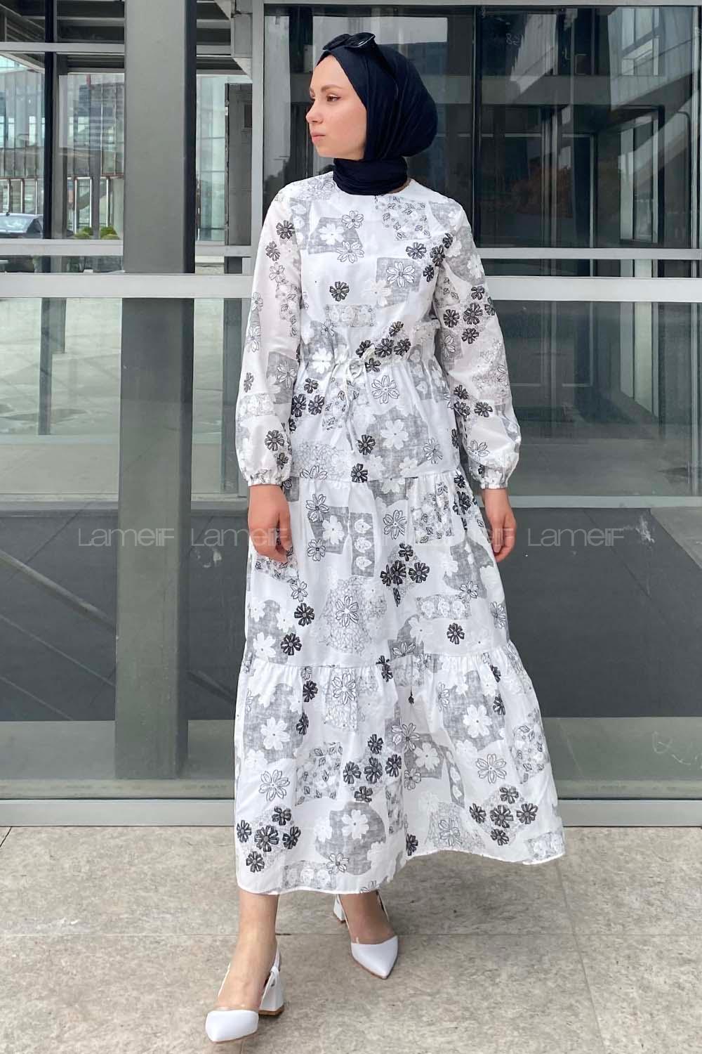 Modalamelif Beli Bağcıklı Desenli Elbise Siyah