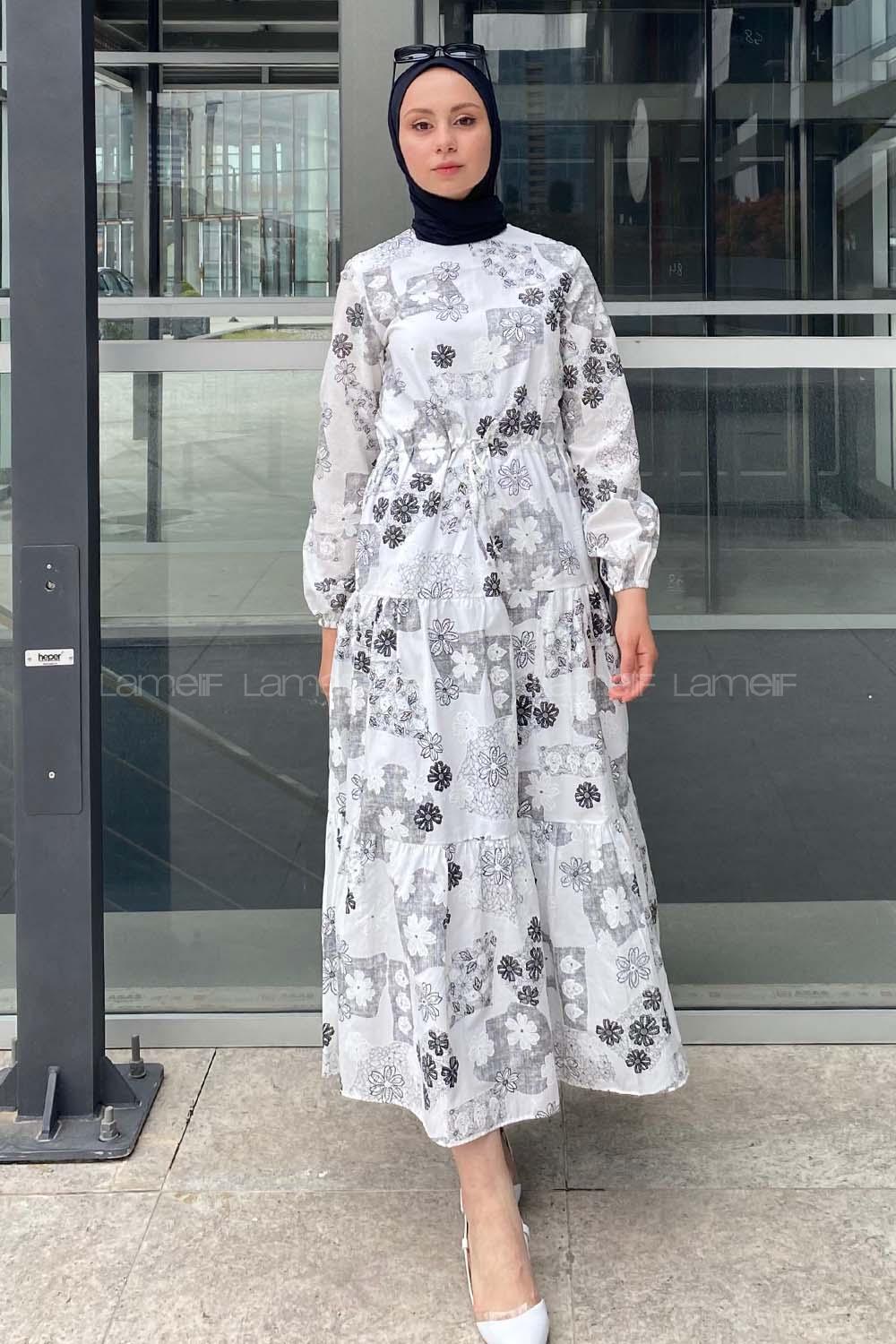 Modalamelif Beli Bağcıklı Desenli Elbise Siyah