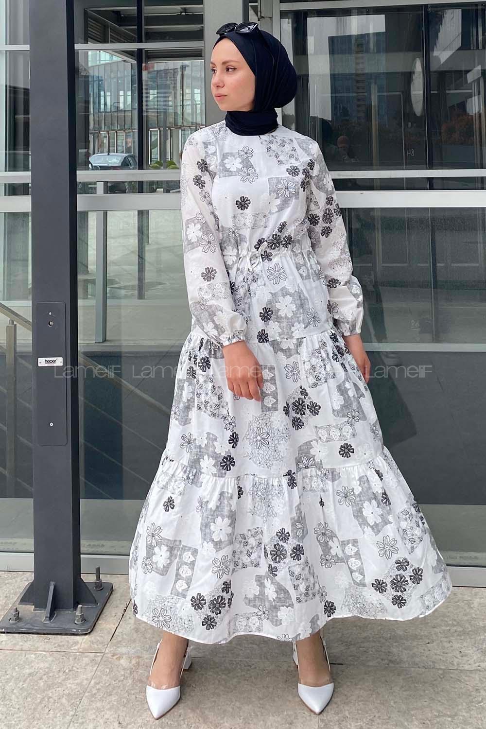 Modalamelif Beli Bağcıklı Desenli Elbise Siyah