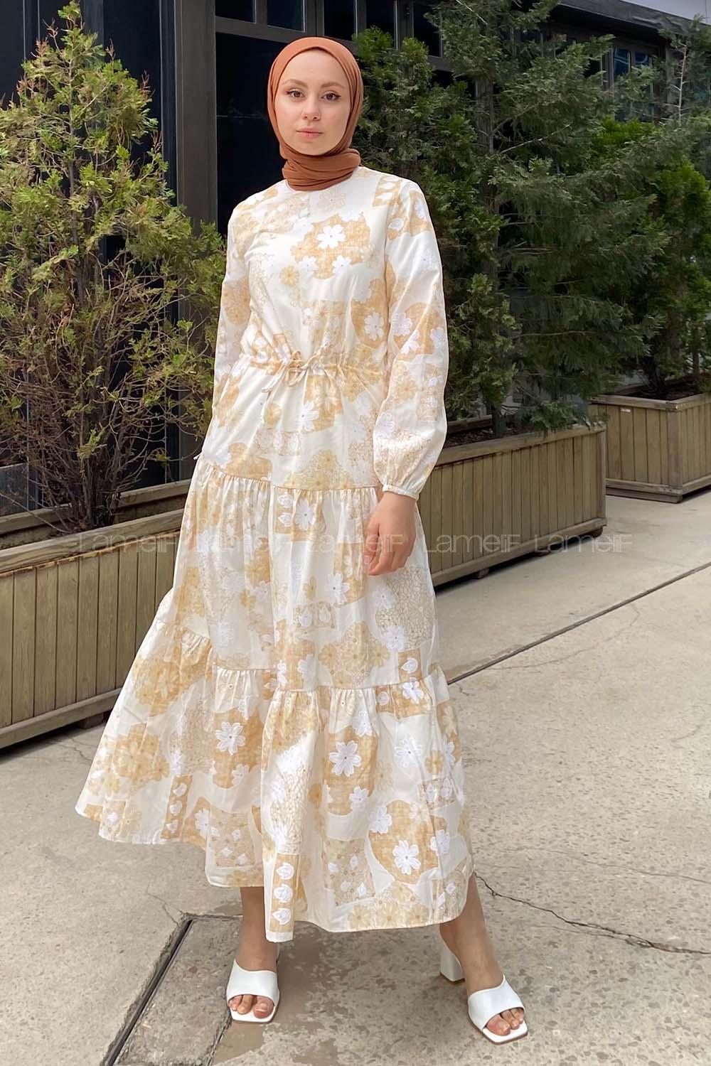 Modalamelif Beli Bağcıklı Desenli Elbise Sütlü Kahve