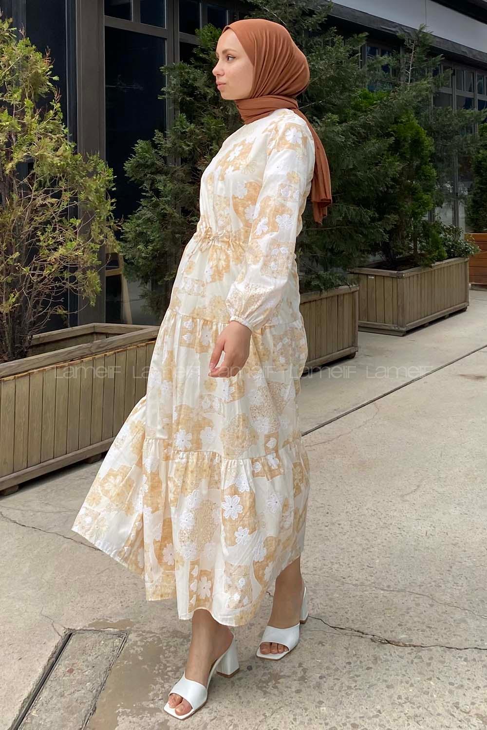 Modalamelif Beli Bağcıklı Desenli Elbise Sütlü Kahve