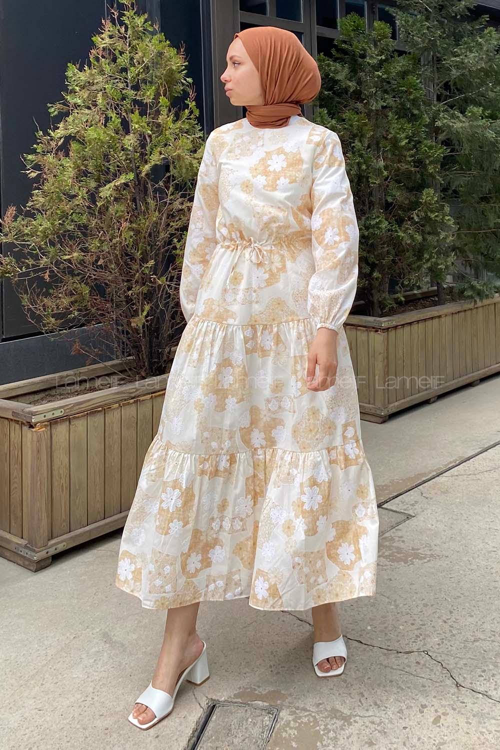 Modalamelif Beli Bağcıklı Desenli Elbise Sütlü Kahve