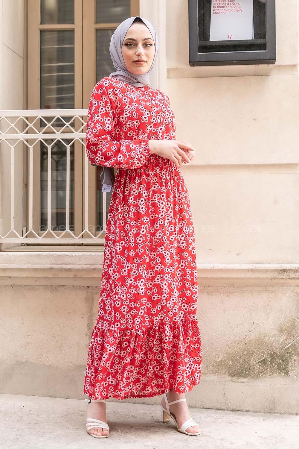 Modalamelif Beli Lastikli Desenli Dokuma Elbise Kırmızı