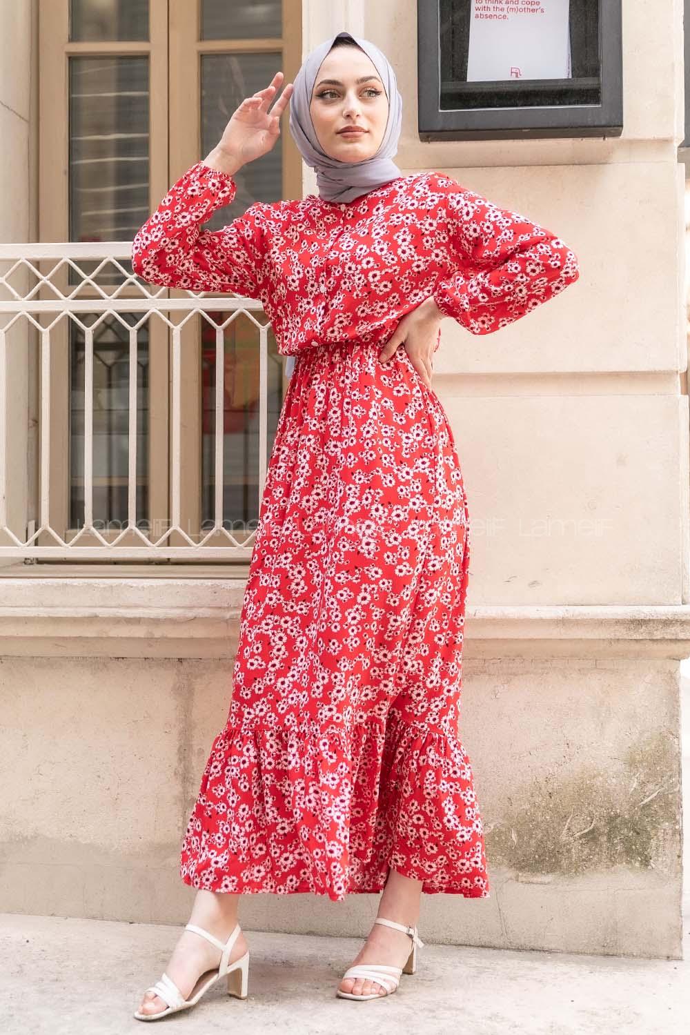 Modalamelif Beli Lastikli Desenli Dokuma Elbise Kırmızı