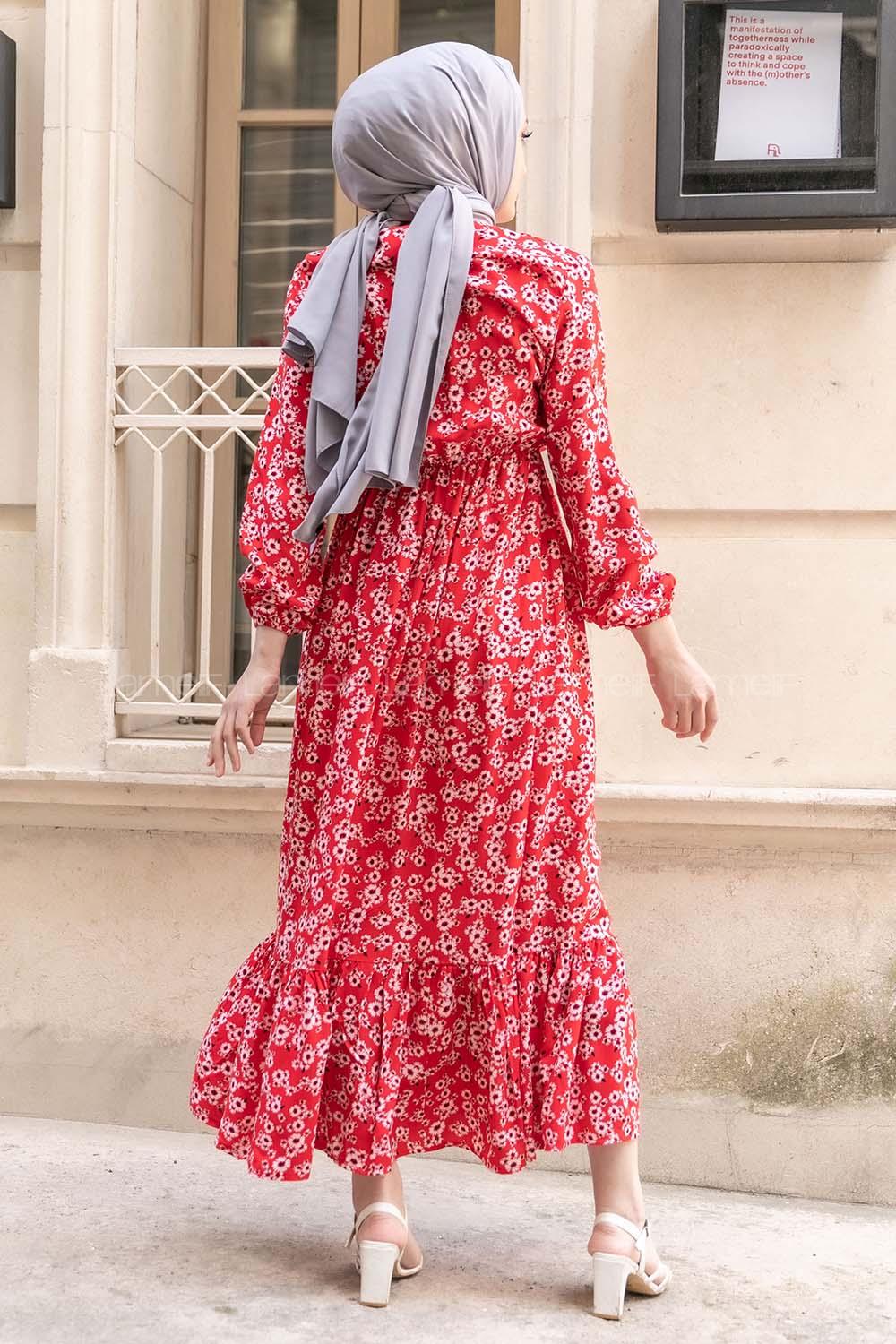 Modalamelif Beli Lastikli Desenli Dokuma Elbise Kırmızı