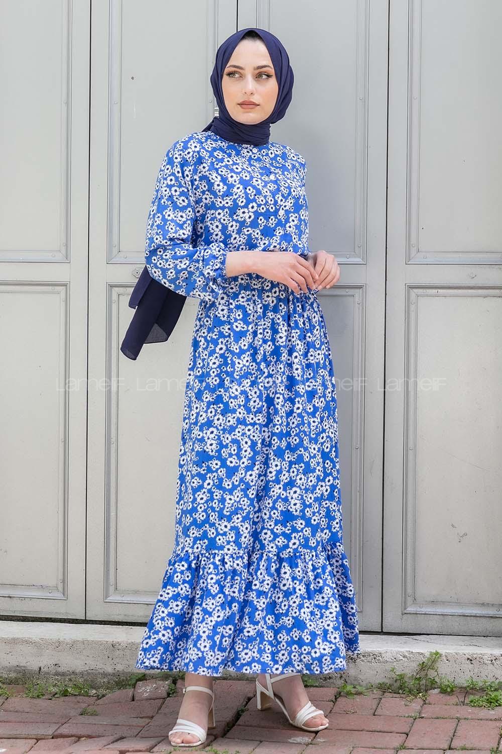 Modalamelif Beli Lastikli Desenli Dokuma Elbise Mavi