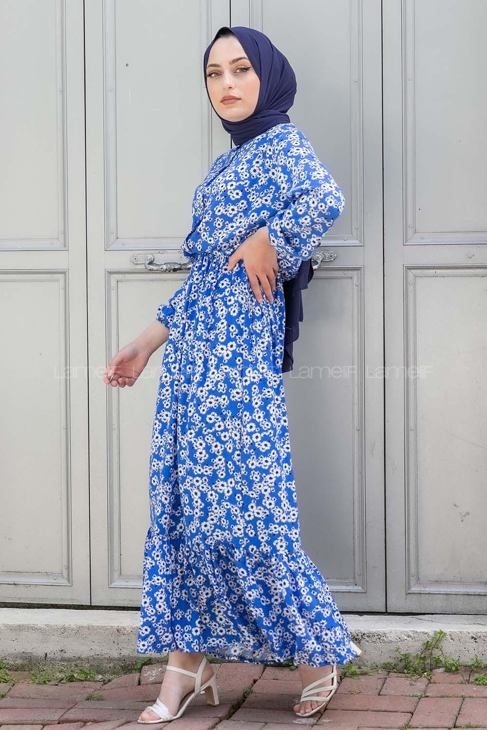 Modalamelif Beli Lastikli Desenli Dokuma Elbise Mavi