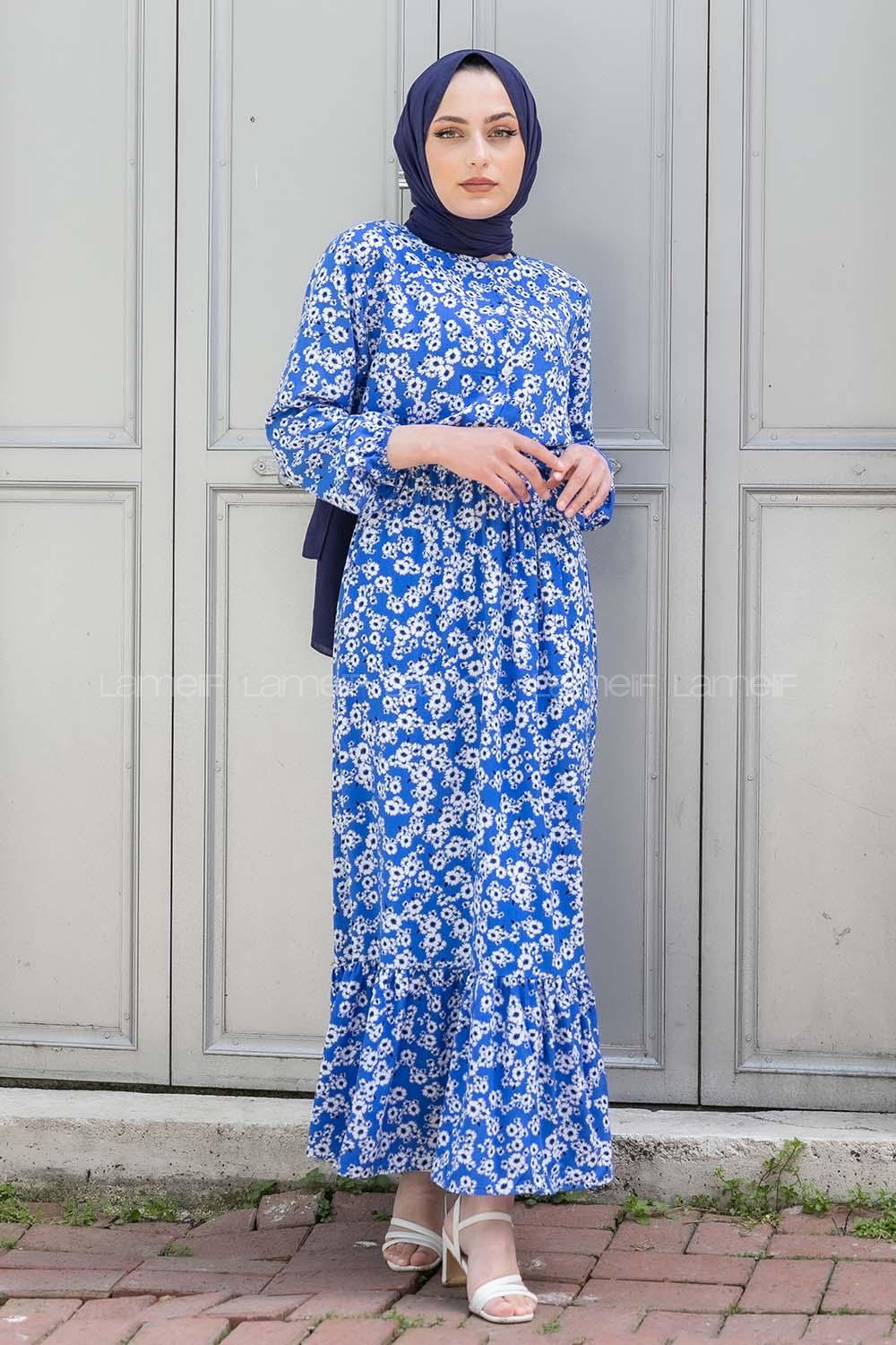 Modalamelif Beli Lastikli Desenli Dokuma Elbise Mavi