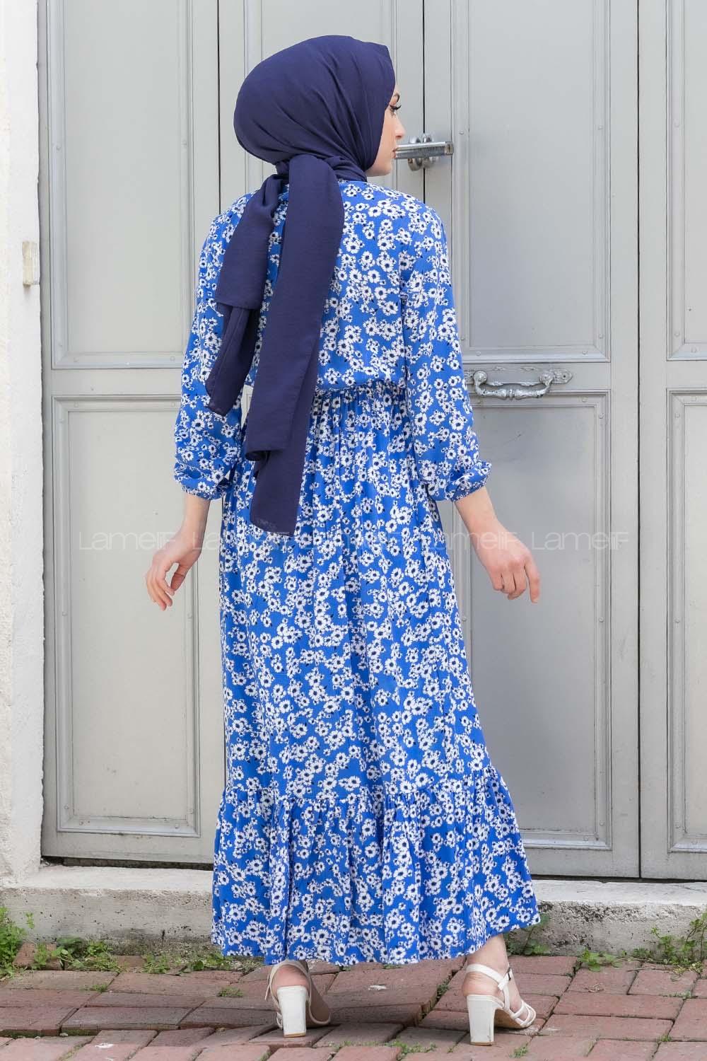 Modalamelif Beli Lastikli Desenli Dokuma Elbise Mavi