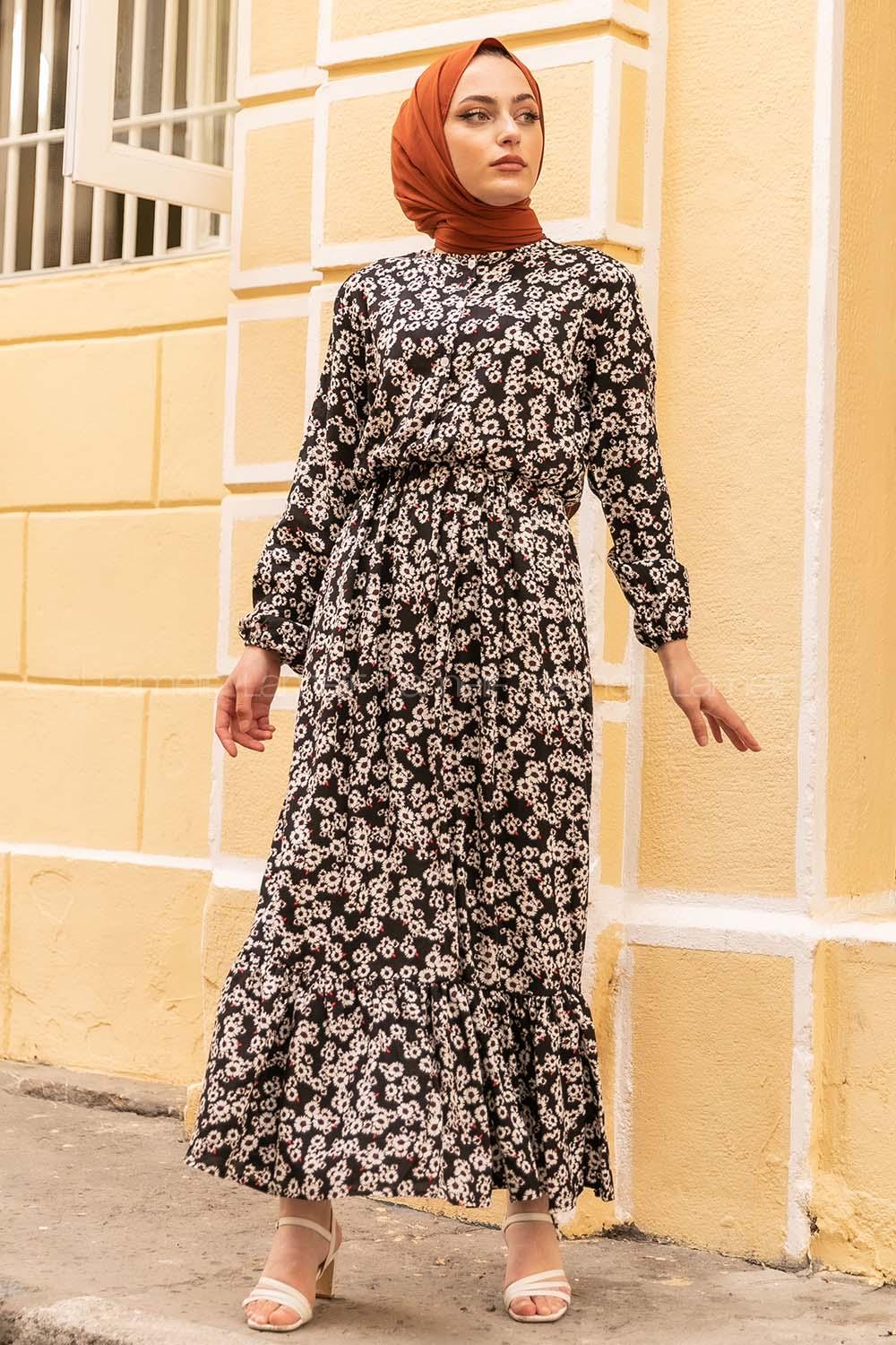 Modalamelif Beli Lastikli Desenli Dokuma Elbise Siyah Kırmızı