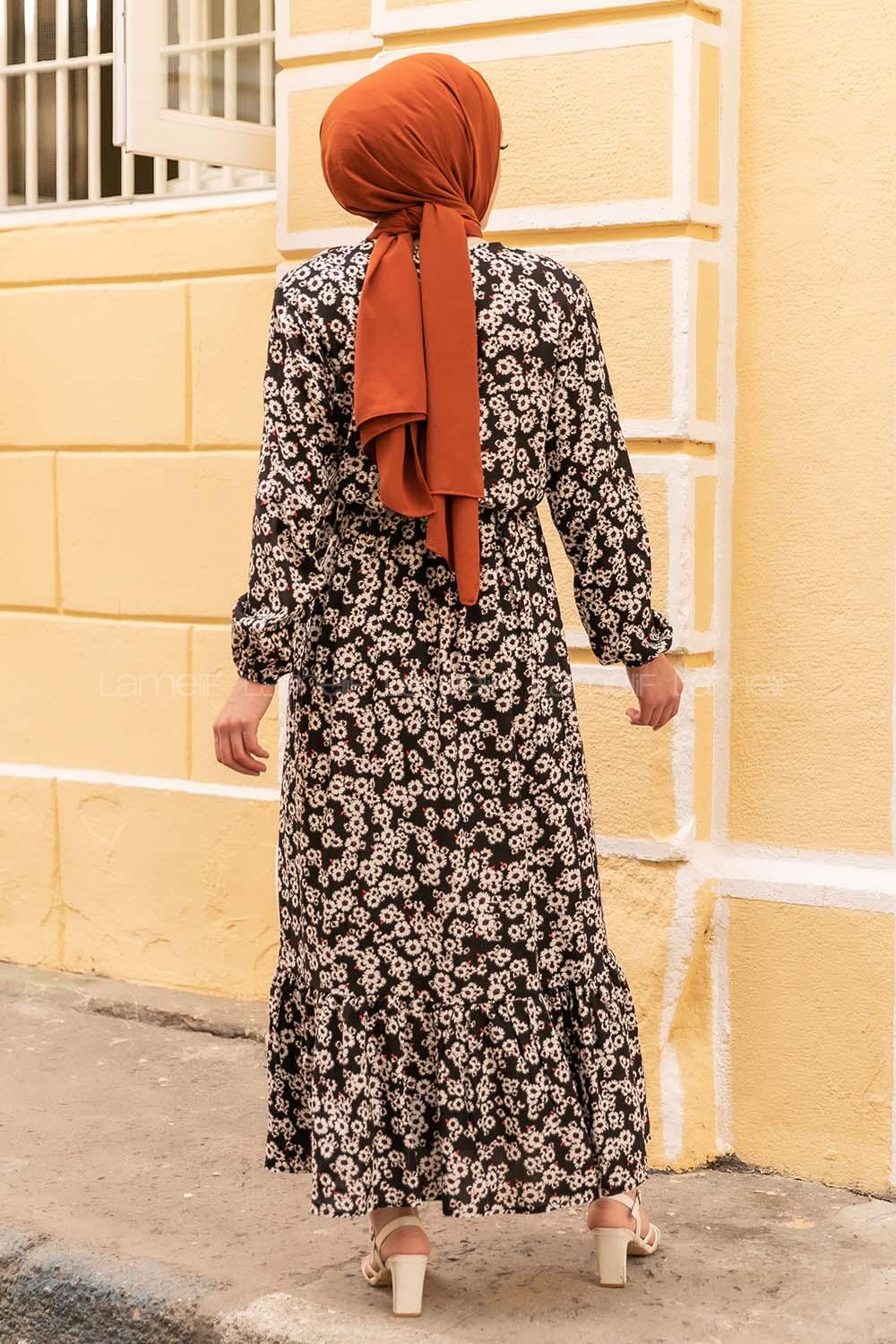 Modalamelif Beli Lastikli Desenli Dokuma Elbise Siyah Kırmızı