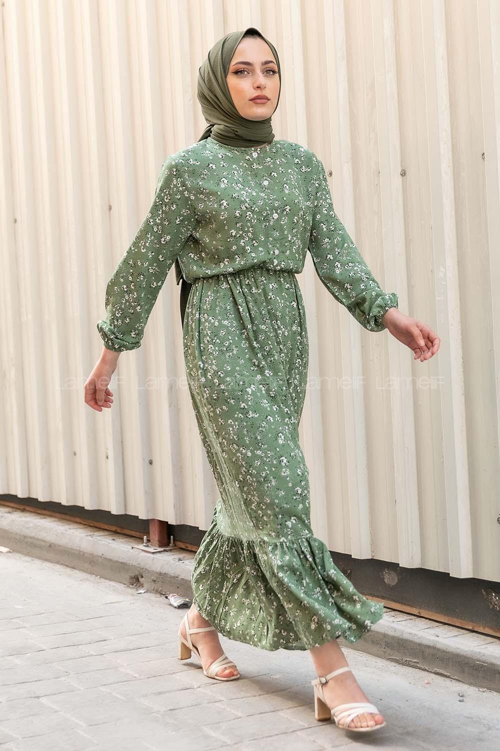 Modalamelif Beli Lastikli Minimal Dokuma Elbise Çağla