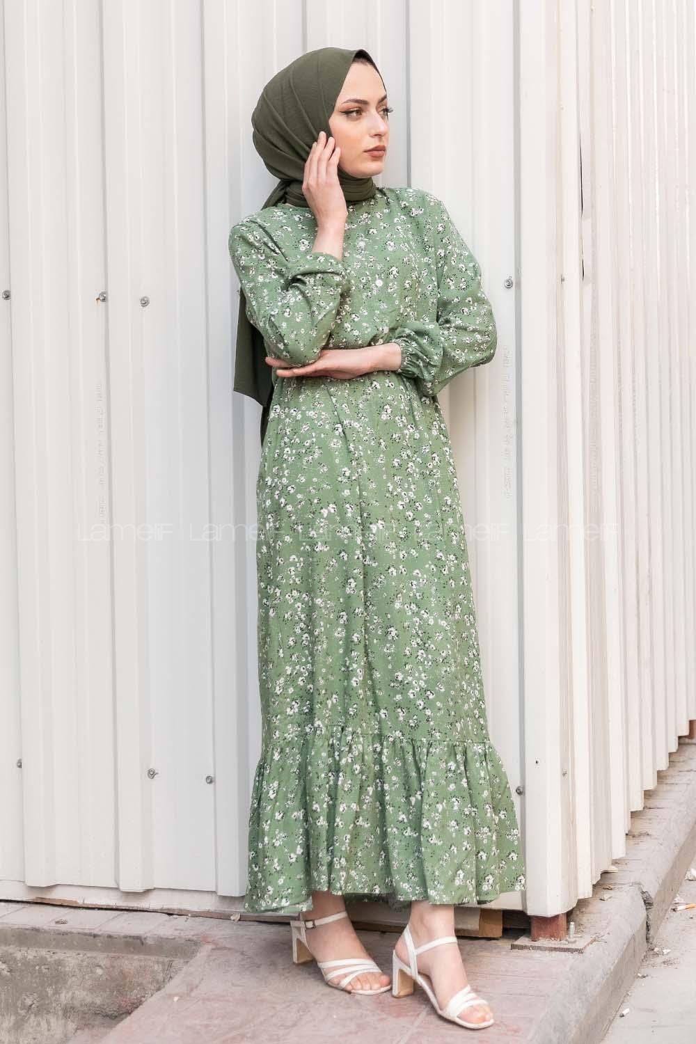 Modalamelif Beli Lastikli Minimal Dokuma Elbise Çağla