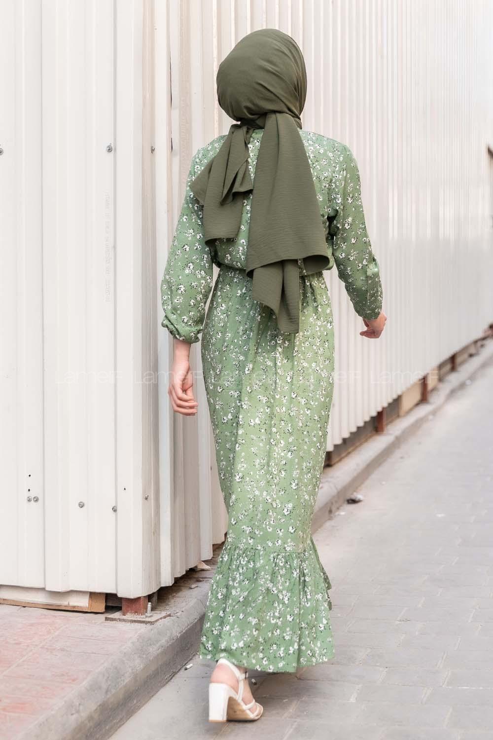 Modalamelif Beli Lastikli Minimal Dokuma Elbise Çağla