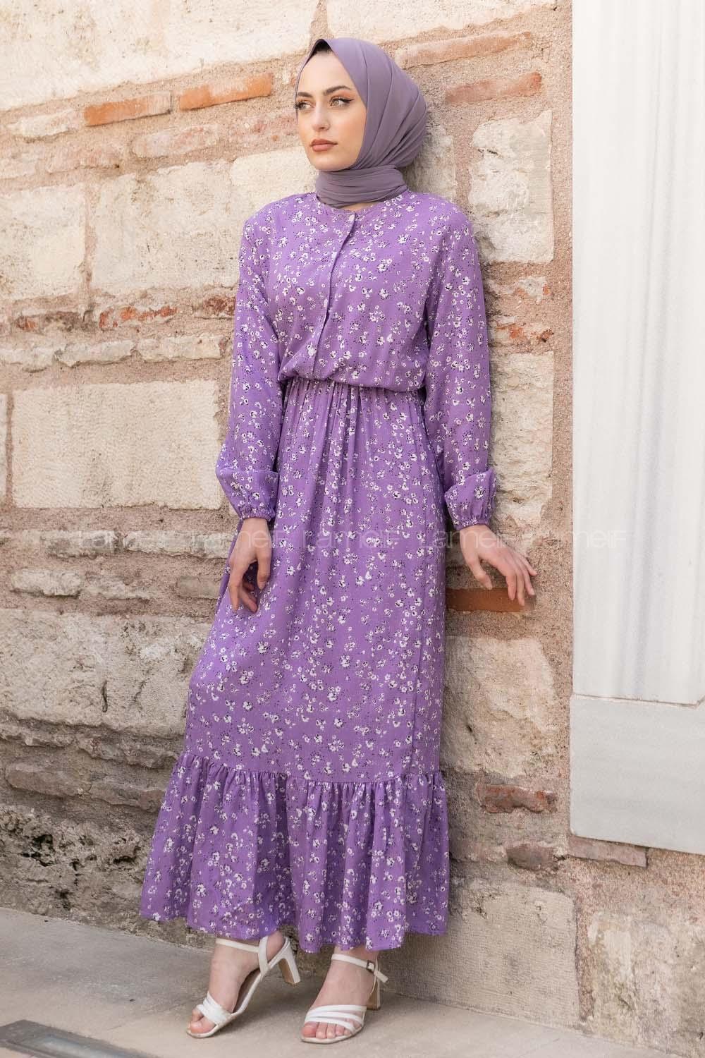 Modalamelif Beli Lastikli Minimal Dokuma Elbise Mor