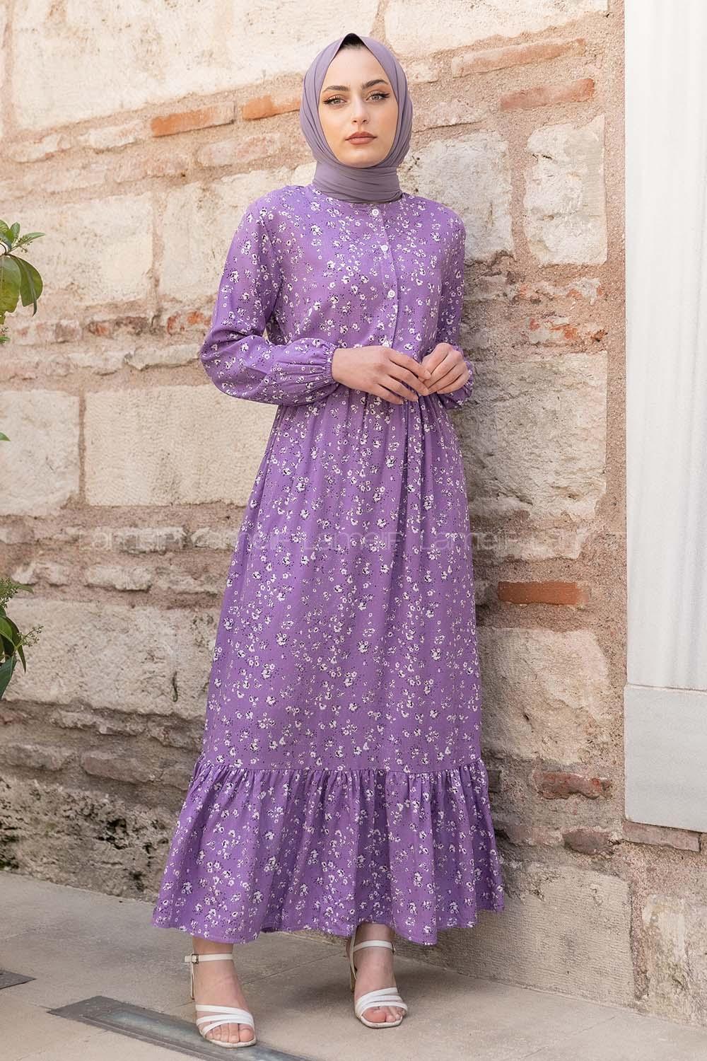 Modalamelif Beli Lastikli Minimal Dokuma Elbise Mor