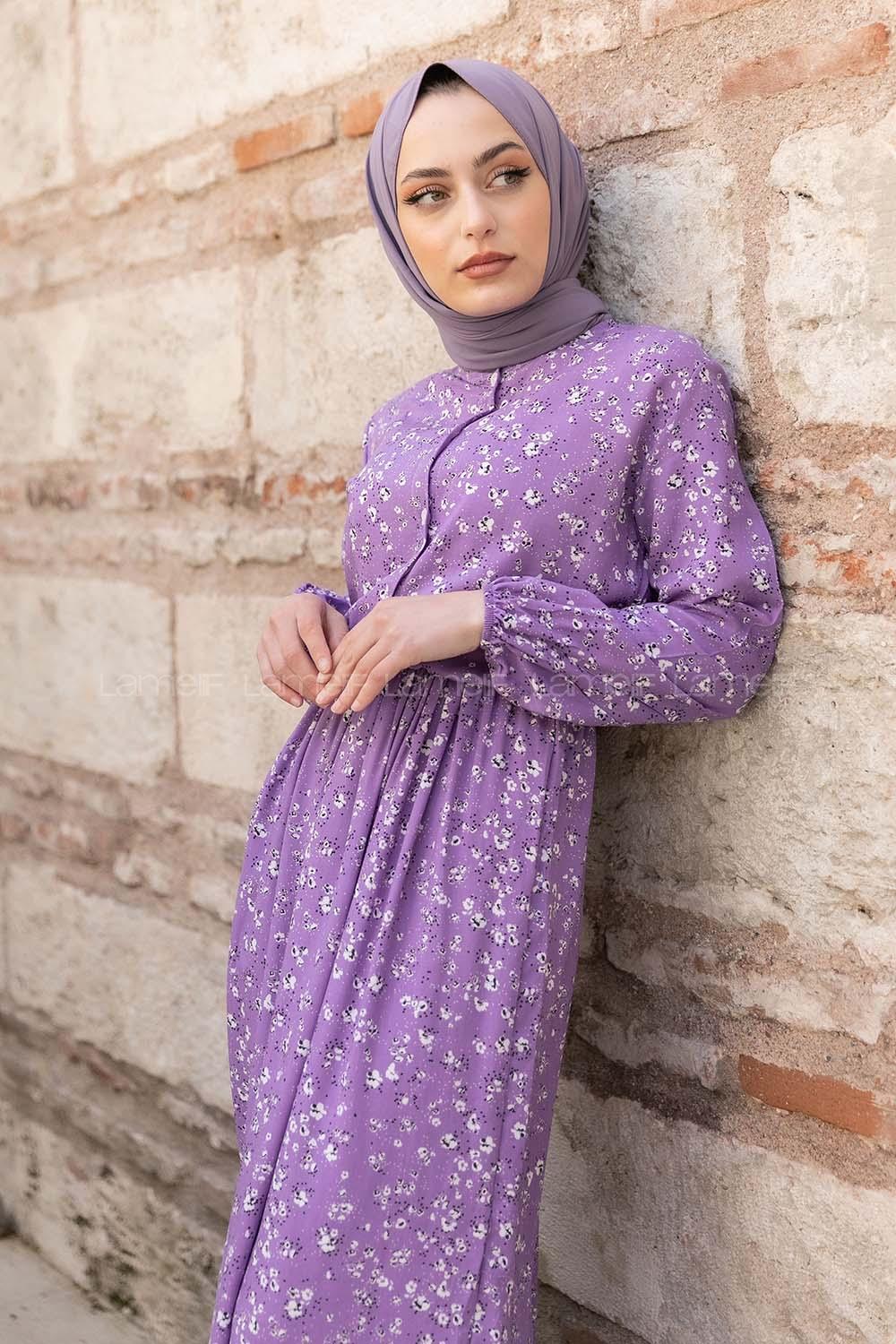 Modalamelif Beli Lastikli Minimal Dokuma Elbise Mor