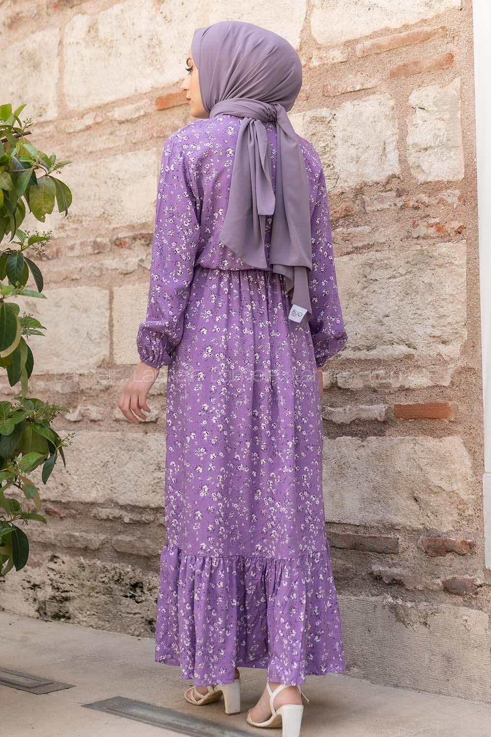 Modalamelif Beli Lastikli Minimal Dokuma Elbise Mor